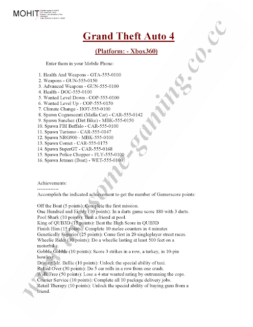 Gta 4 cheat code pdf